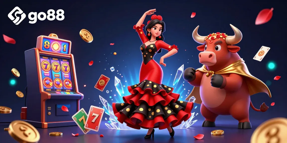 Experience the vibrant atmosphere of go88 with a captivating 3D illustration of a flamenco dancer and a fighting bull amidst casino elements.