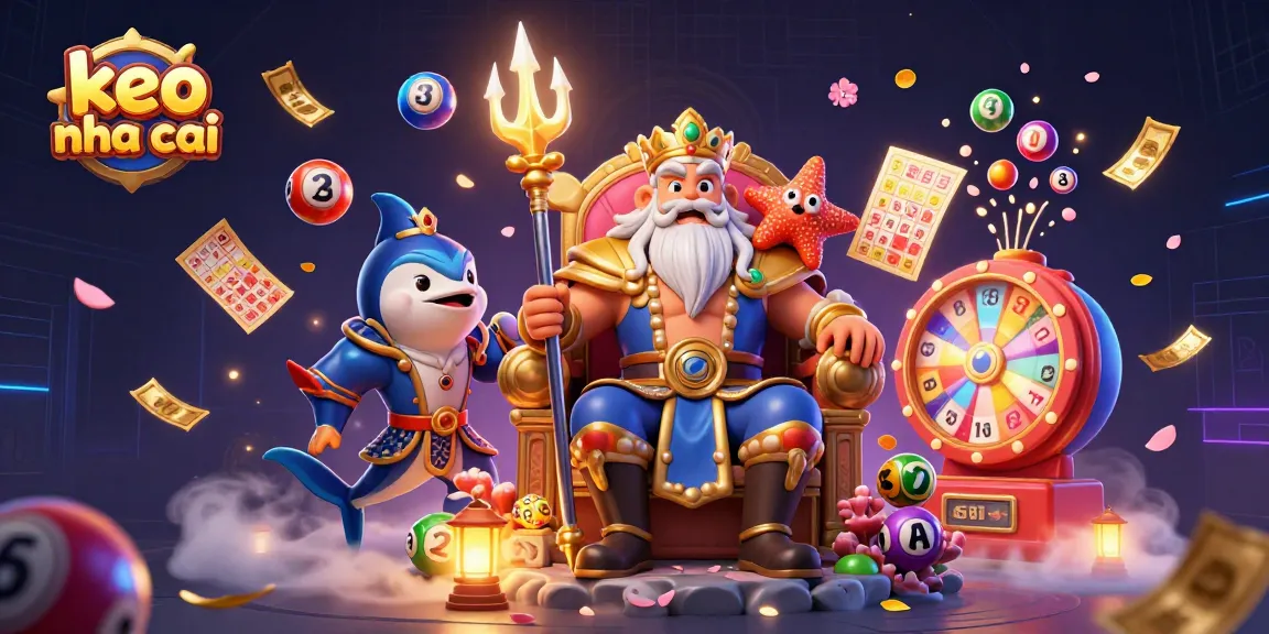 Engage with keo nha cai in a colorful casino scene featuring Neptune and vibrant lottery elements.