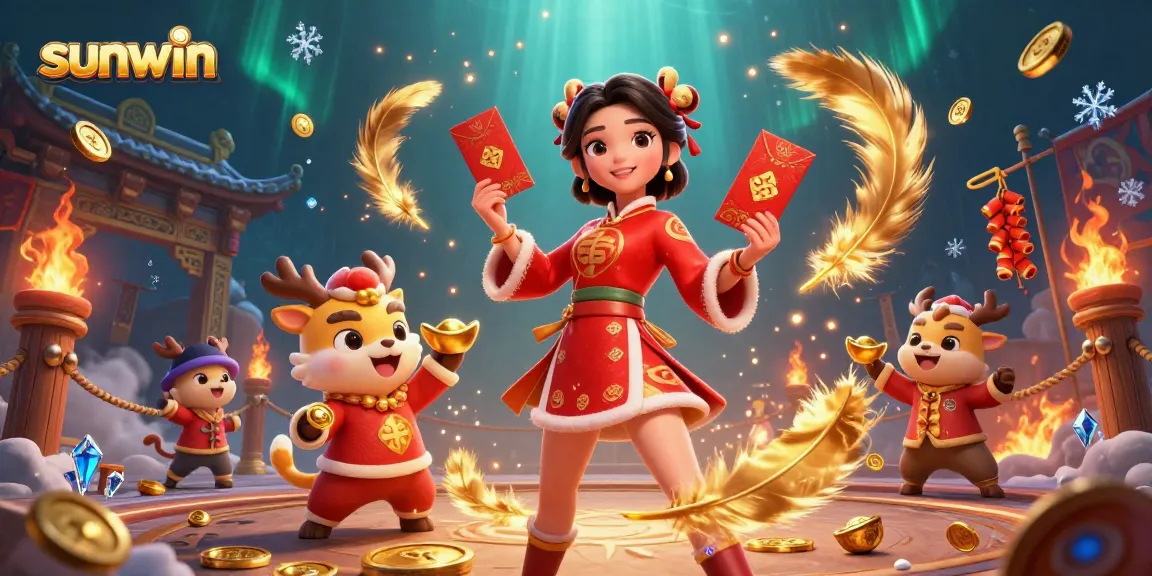 Experience thrilling gameplay with sunwin, featuring a festive Asian woman and zodiac animal amidst rich casino elements.