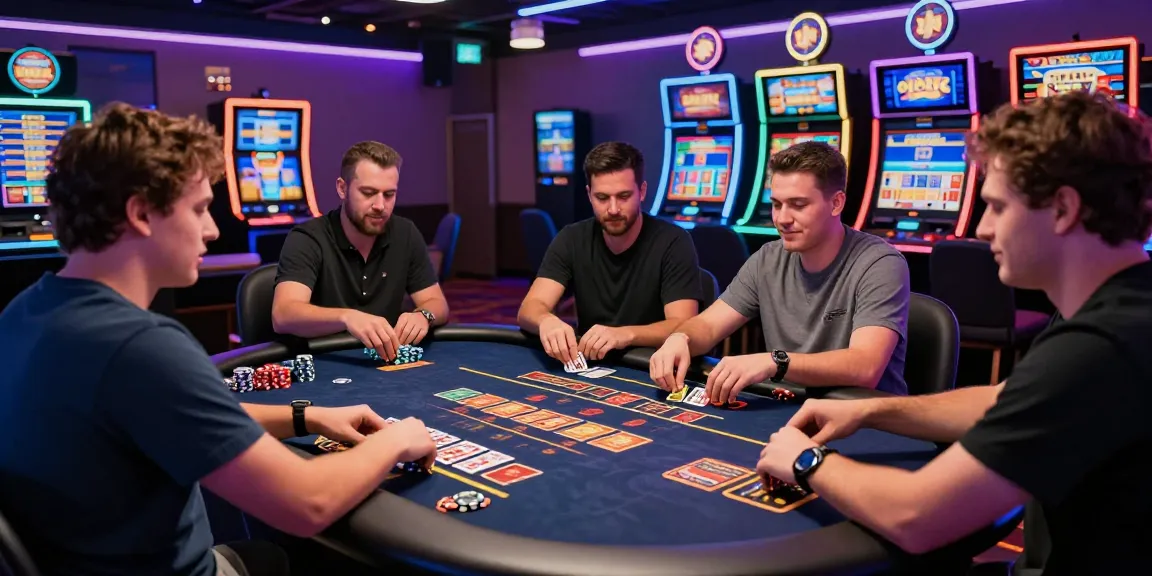 Players enjoying a vibrant casino gaming area with ok 8386 branding, showcasing the thrill of online gambling.
