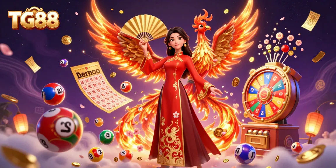 Experience thrilling gaming with TG88, featuring a woman in traditional attire, lottery elements, and festive visuals.