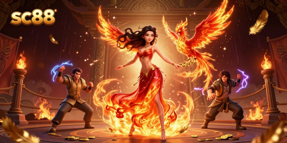 Engage with sc88 in a thrilling casino ambiance, featuring a stunning woman in a fiery gown with magical elements.