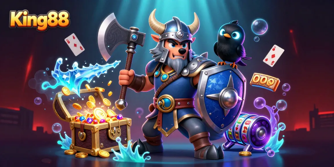 Engage in thrilling gameplay at King88 with vibrant casino-themed 3D digital art.