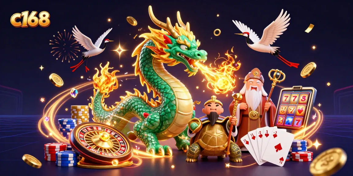 c168 showcasing a vibrant casino scene with a jade dragon, lucky cranes, and gold coins tumbling