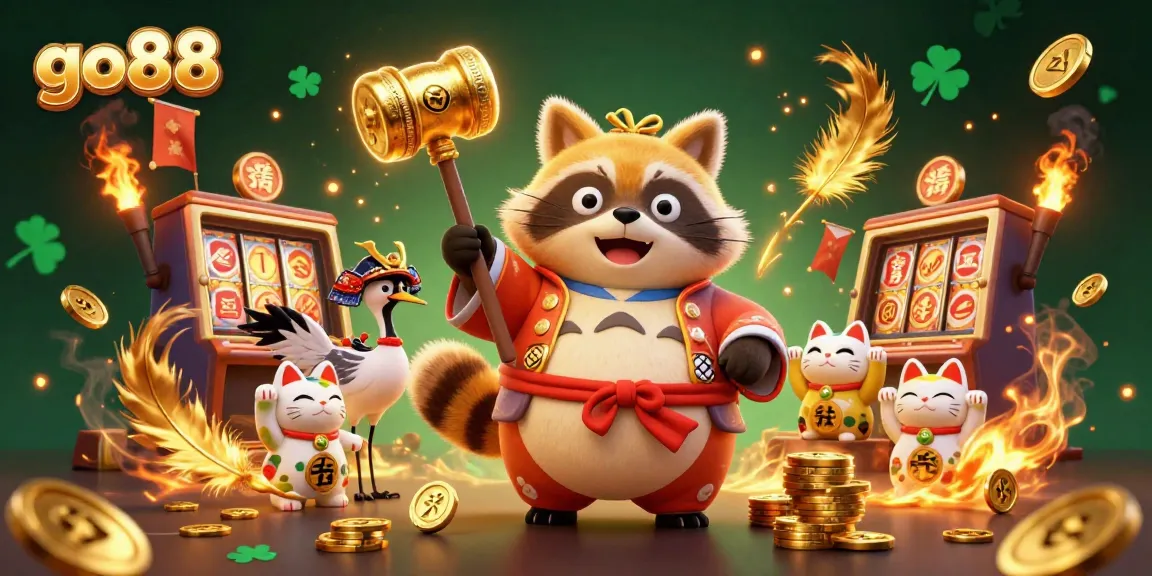 Experience the excitement of gambling at go88 with a vibrant casino scene featuring lucky tanukis and fortune cats.