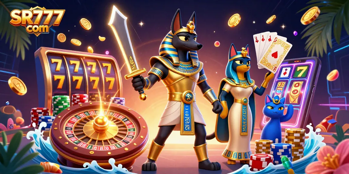 Menang besar dengan SR777 com di ilustrasi kasino yang hidup ini menampilkan pejuang Mesir dan gulungan slot.
