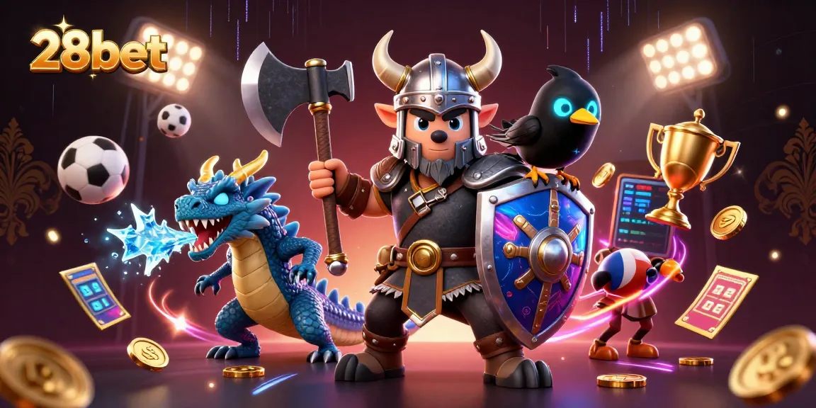 Experience thrilling adventures with 28bet's dynamic gaming scene showcasing vibrant characters and sports elements.