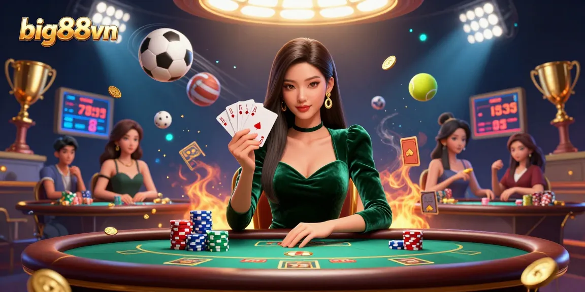 Big88vn showcases an Asian woman in poker action with sports elements and vibrant casino atmosphere.