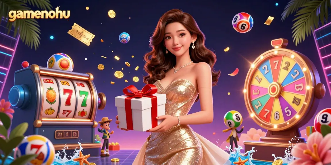 Engage with gamenohu's thrilling atmosphere as a stunning woman in a golden dress celebrates winning and golden coins scatter in the casino.