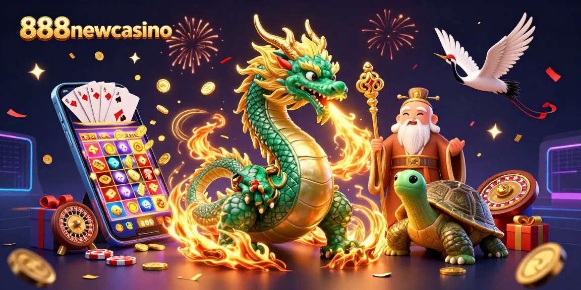 Engage with 888newcasino's vibrant energy featuring a dragon, turtle sage, and lucky cranes in a dynamic casino scene.