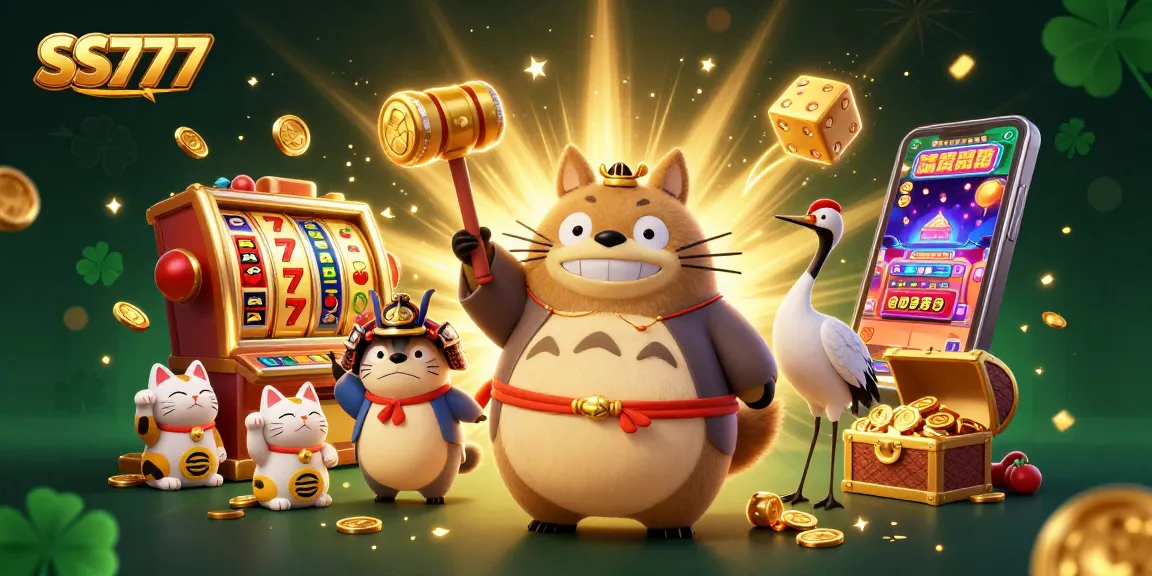 Experience the magic of SS777 with a festive tanuki, colorful symbols, and jackpot excitement in a vibrant casino scene.