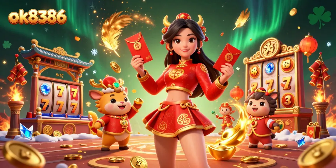 Experience the excitement of ok8386 with a lively 3D casino illustration featuring vibrant characters and gaming elements.