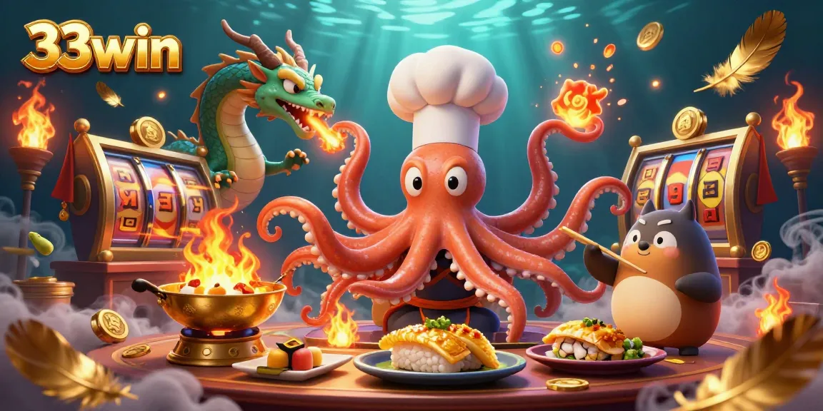Experience the excitement of 33win with a vibrant 3D scene featuring a sushi chef octopus and a dragon in a lively casino.