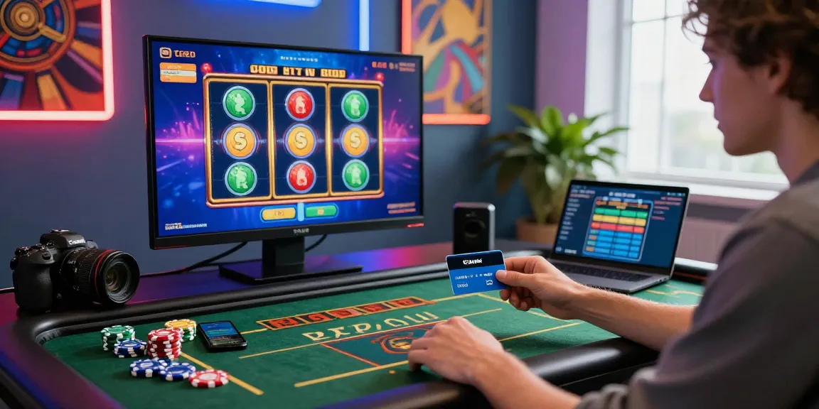 Ein Spieler, der ein Paysafe Card Casino-Erlebnis mit lebhaften Spielautomaten-Grafiken und Zahlungseinrichtung an einem stilvollen Spieltisch genießt.