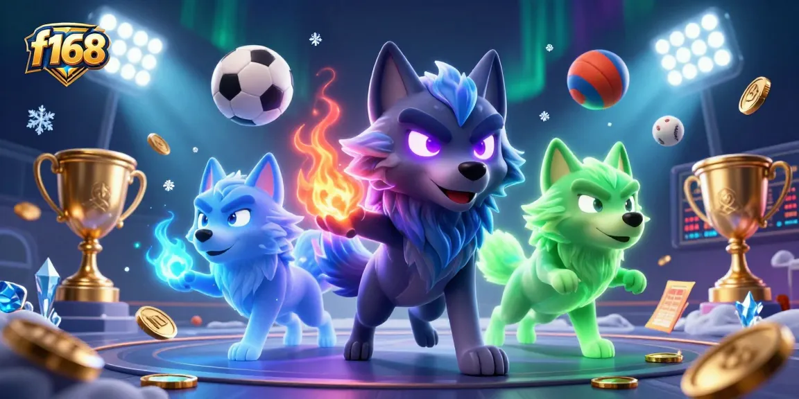 f168 sports betting action depicted with a dynamic scene of wolves, sports balls, and glowing effects.