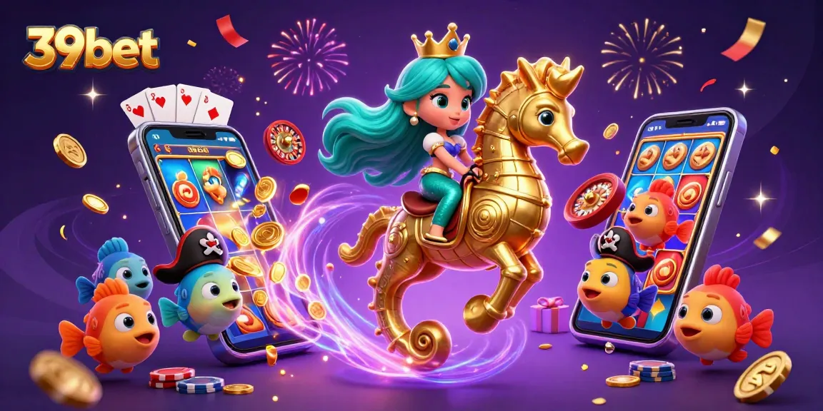 Experience thrilling entertainment with 39bet as a mermaid princess and seahorse dynamic duo ride through vibrant casino elements.