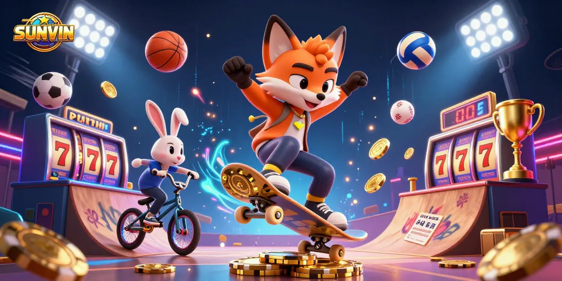 SUNVIN showcases a thrilling 3D cartoon scene with vibrant characters in dynamic betting action, surrounded by casino elements.