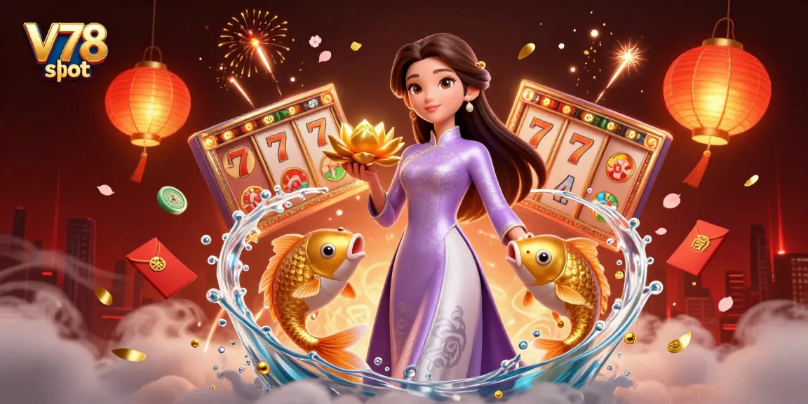 Bergabunglah dalam kesenangan dengan slot V78 saat seorang wanita Asia elegan merayakan kemenangan dengan koi emas dan simbol meriah.
