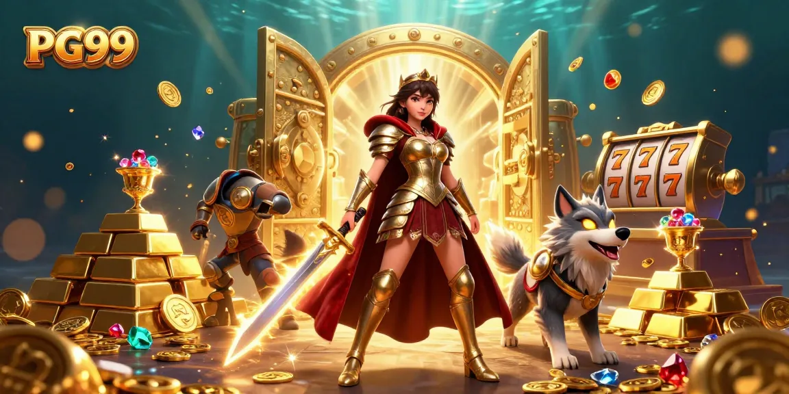 Experience PG99's thrilling gaming atmosphere with vibrant 3D characters and gem-filled treasures.