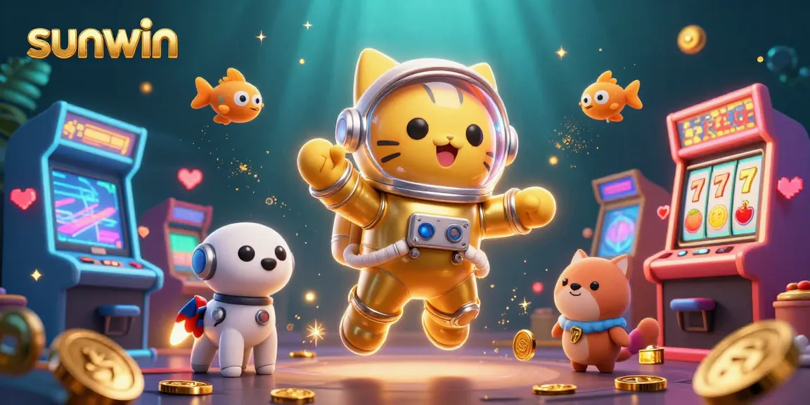 Experience thrilling action at sunwin with an astronaut cat and robot dog in a vibrant casino scene.