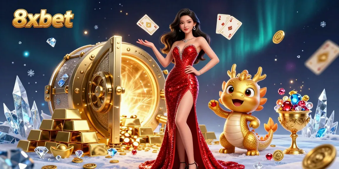 Experience thrilling gameplay at 8xbet with a stunning Asian woman, a golden dragon, and lively casino elements.