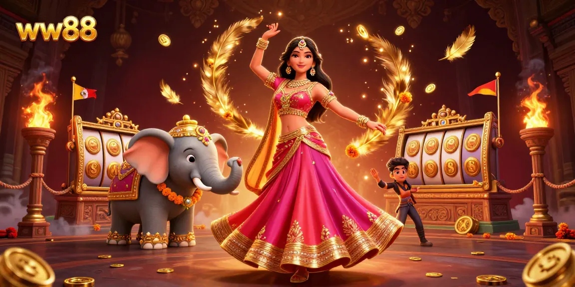 Win big with ww88 in an ultra-detailed casino scene featuring dynamic slots elements and a Bollywood dancer.
