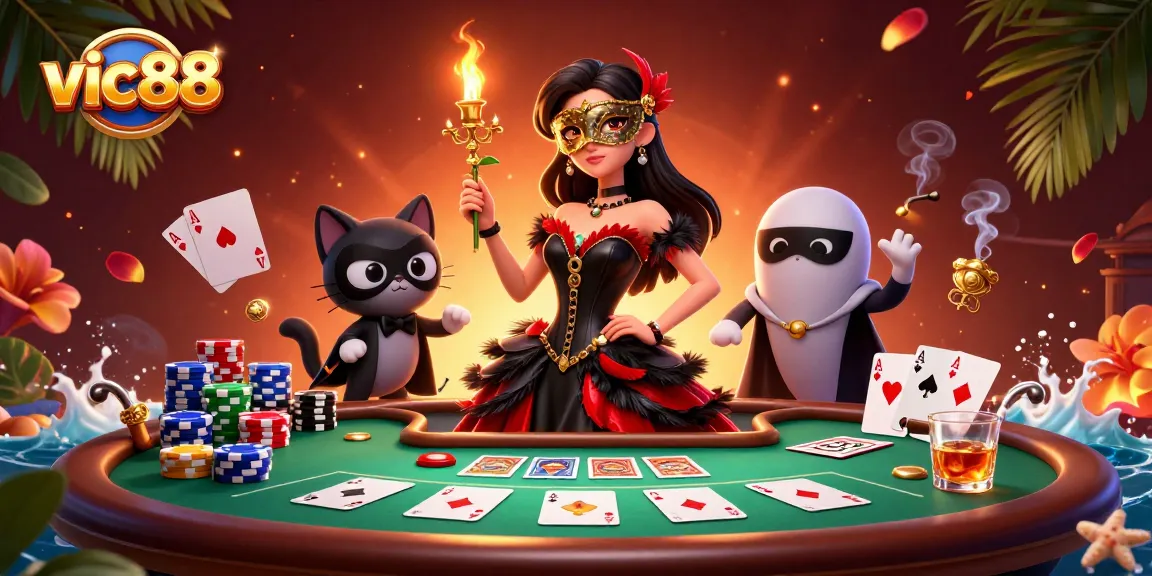 Experience the thrill of vic88 with a captivating casino scene featuring poker games and dynamic characters.