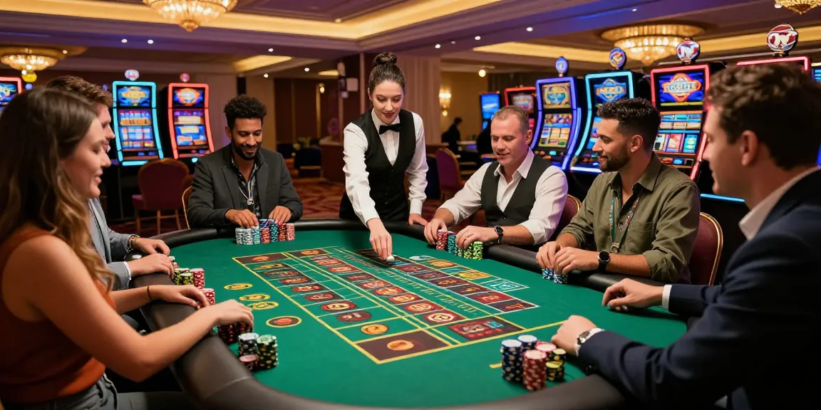 Atmosfera di gioco emozionante nei casino non AAMS con diversi giocatori a un tavolo della roulette.