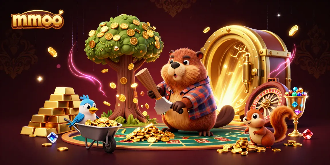 mmoo offers a vibrant casino illustration with a beaver character engaging in winning strategies with coins and gems.