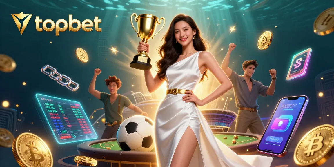 Topbet offers thrilling sports betting with a stunning Asian woman holding a trophy, embodying victory.