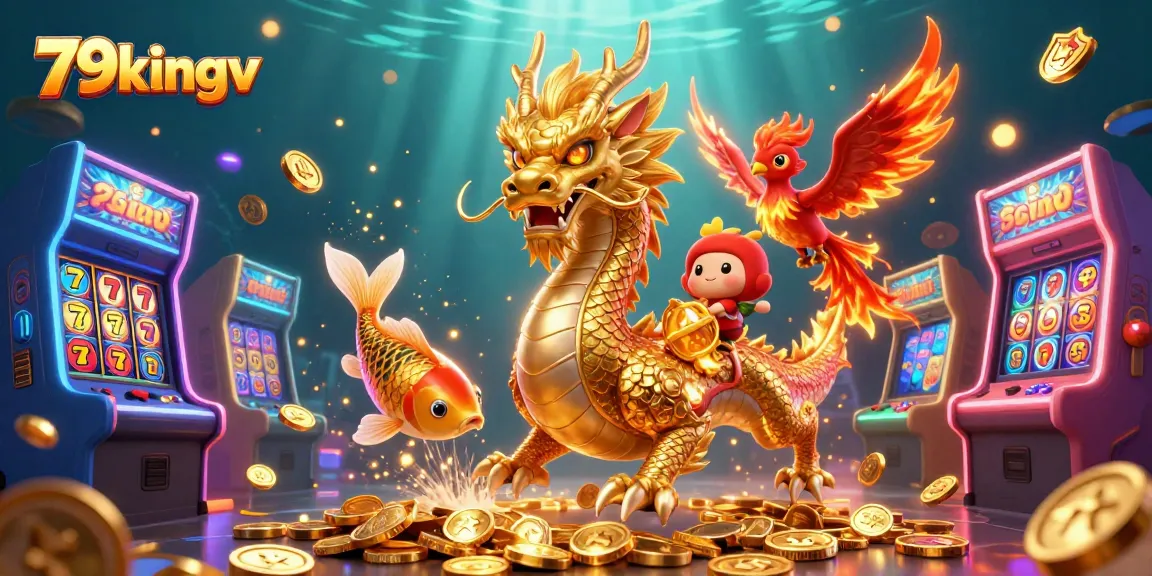 Experience thrilling gameplay with 79kingv as a golden dragon, fiery phoenix, and koi fish soar amidst slot reels.