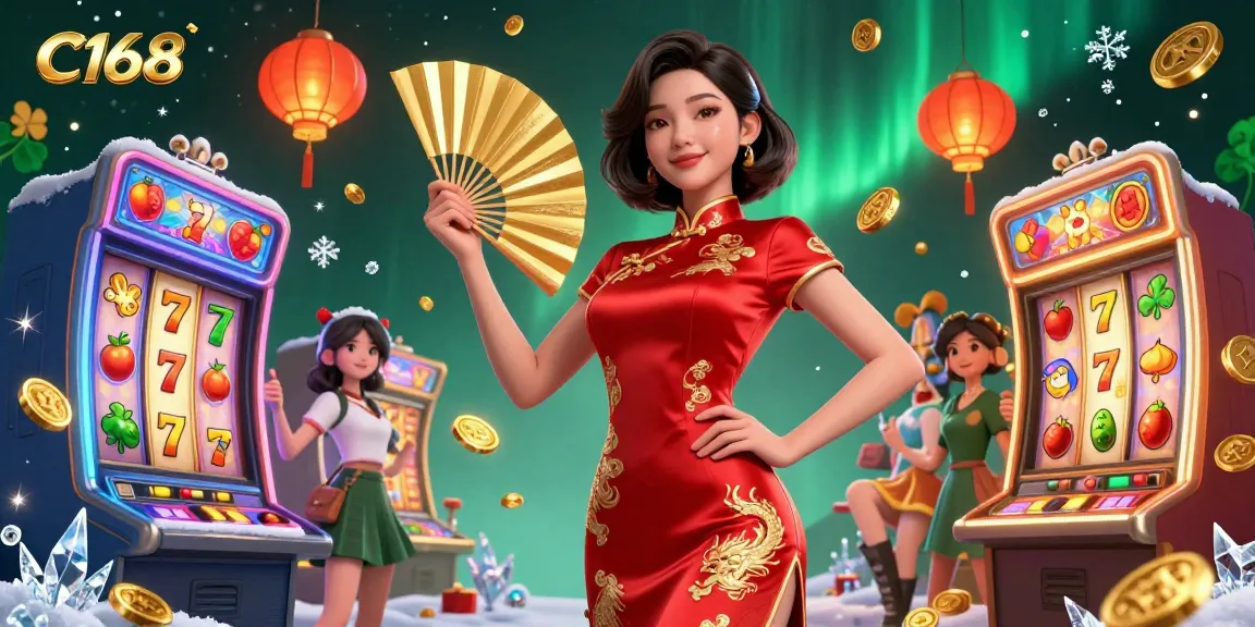 Experience the excitement at C168 casino with vibrant slot machines and a confident Asian woman.