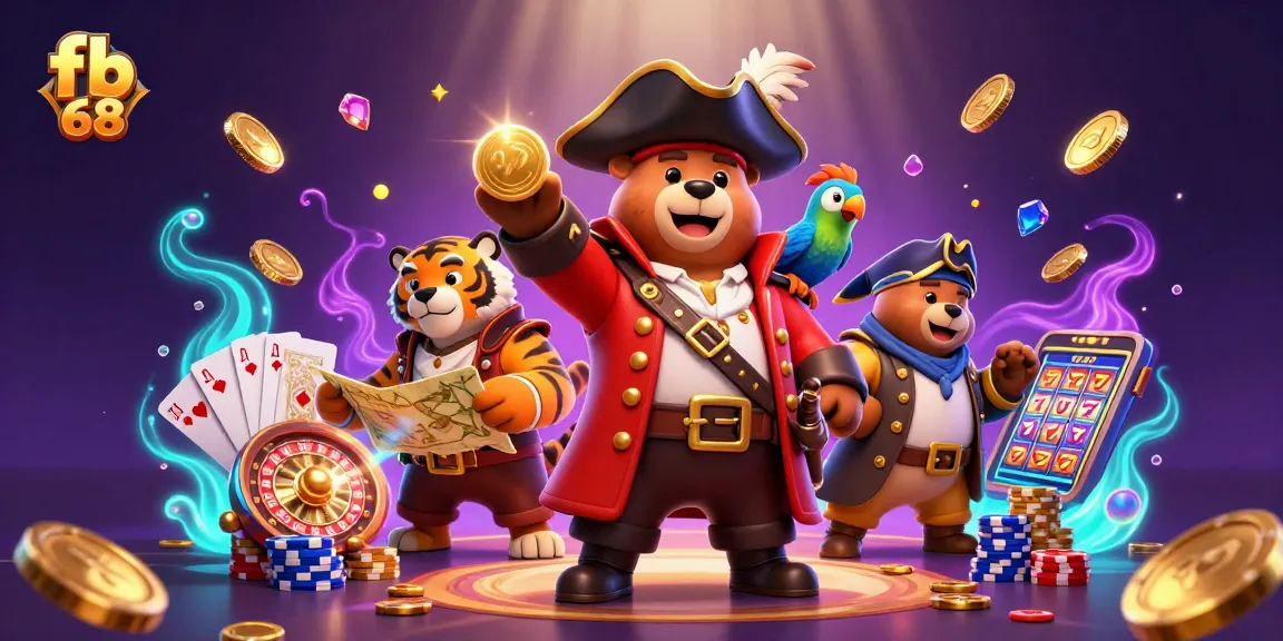 Engage with fb 68's thrilling casino adventure featuring a pirate bear, a tiger, and treasures.