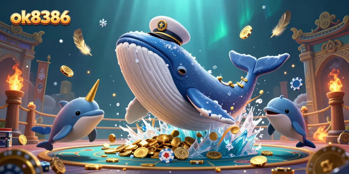 Engage with ok8386's thrilling casino adventure featuring a whale, narwhal, and dolphins amidst vibrant gaming elements.