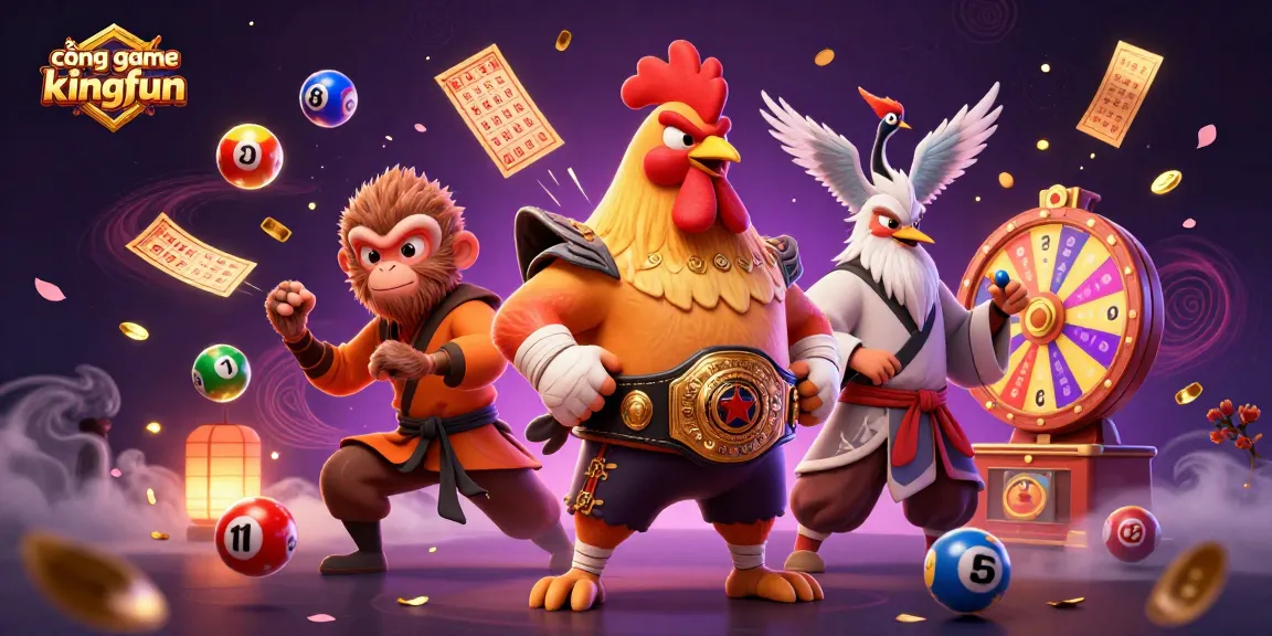 Engage with cổng game kingfun featuring dynamic lottery elements and fierce characters in a vibrant 3D illustration.