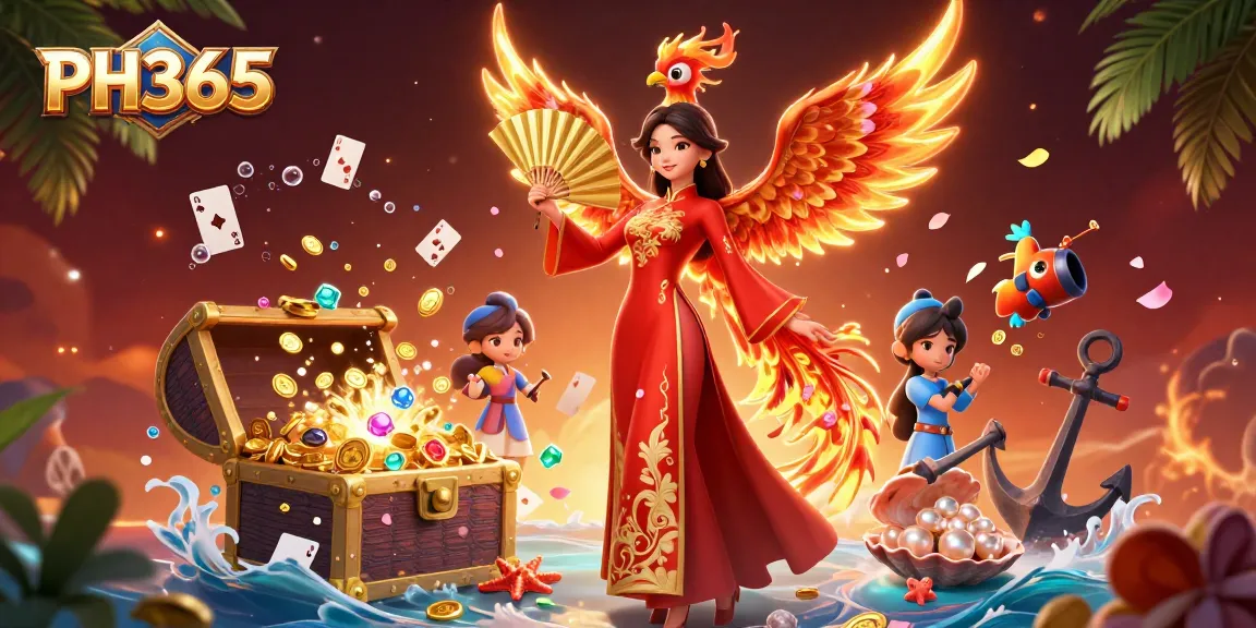 Experience thrilling gaming at PH365 with a beautiful character amidst coins and treasures.