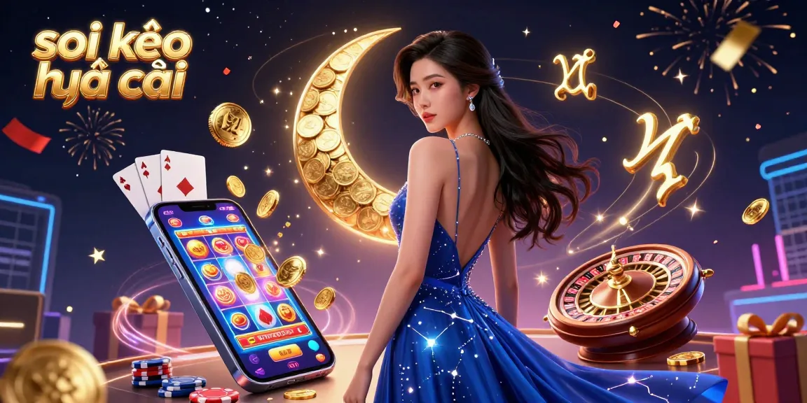 Engage with "soi kèo nhà cái" through a vibrant illustration of colorful casino elements and an elegant woman.