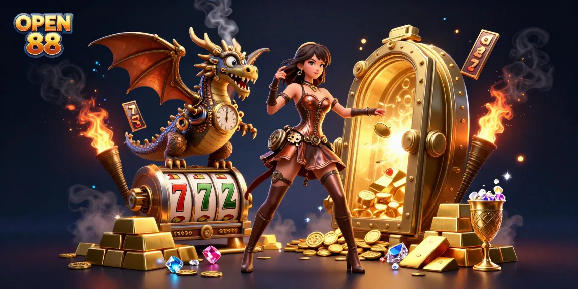Experience the excitement of OPEN 88 with stunning visuals featuring slot machines and treasures.