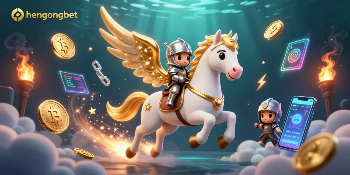 Experience excitement at hengongbet with a vibrant 3D scene of a celestial horse and knight amidst crypto symbols.
