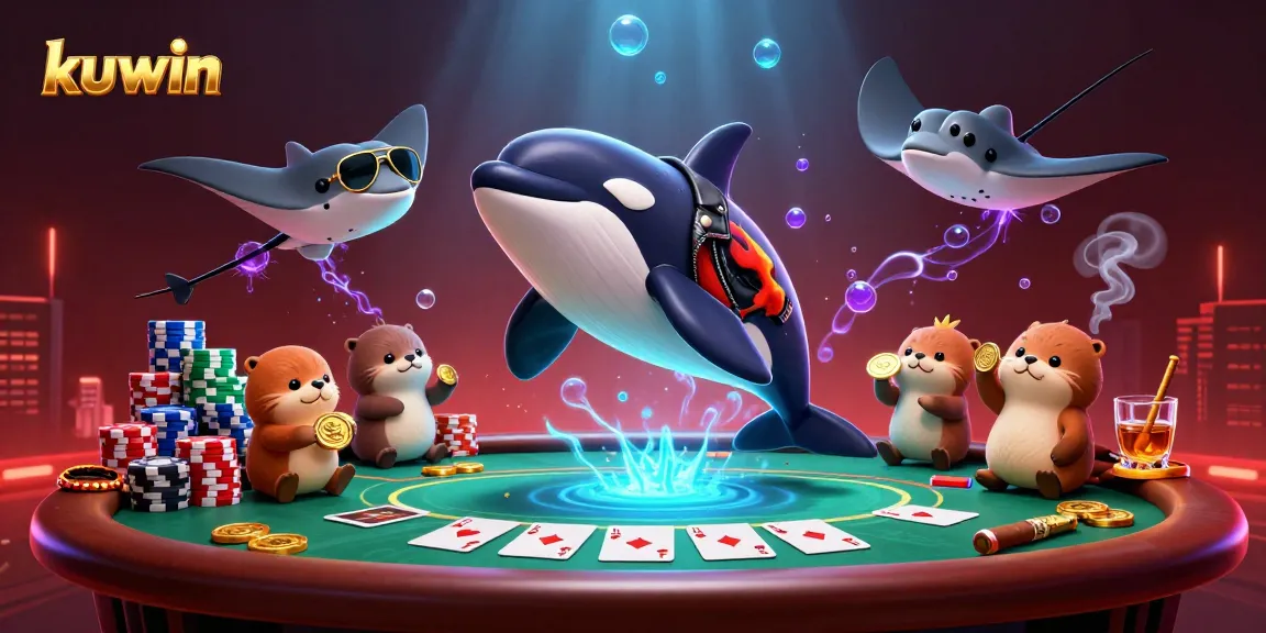 Kuwin elevates poker excitement with animated orca, stingray, and otters amidst vibrant gambling elements.