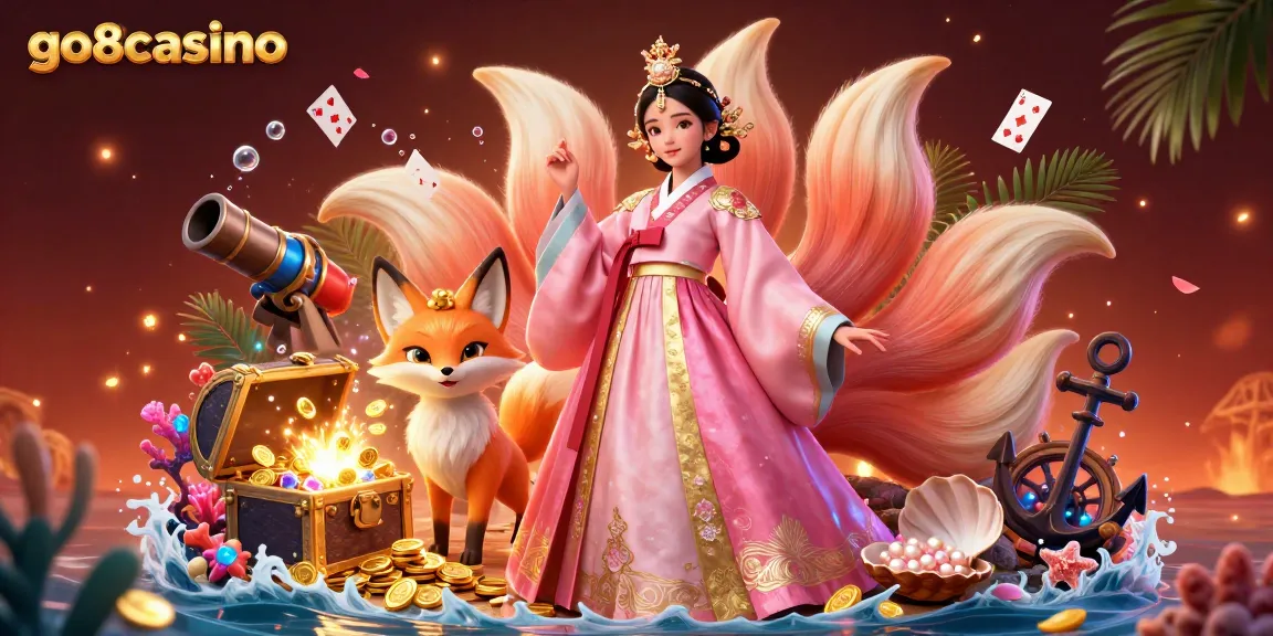 Experience thrilling action at go8casino with an Asian woman in luxurious dress and a lucky fox amidst gold treasures.