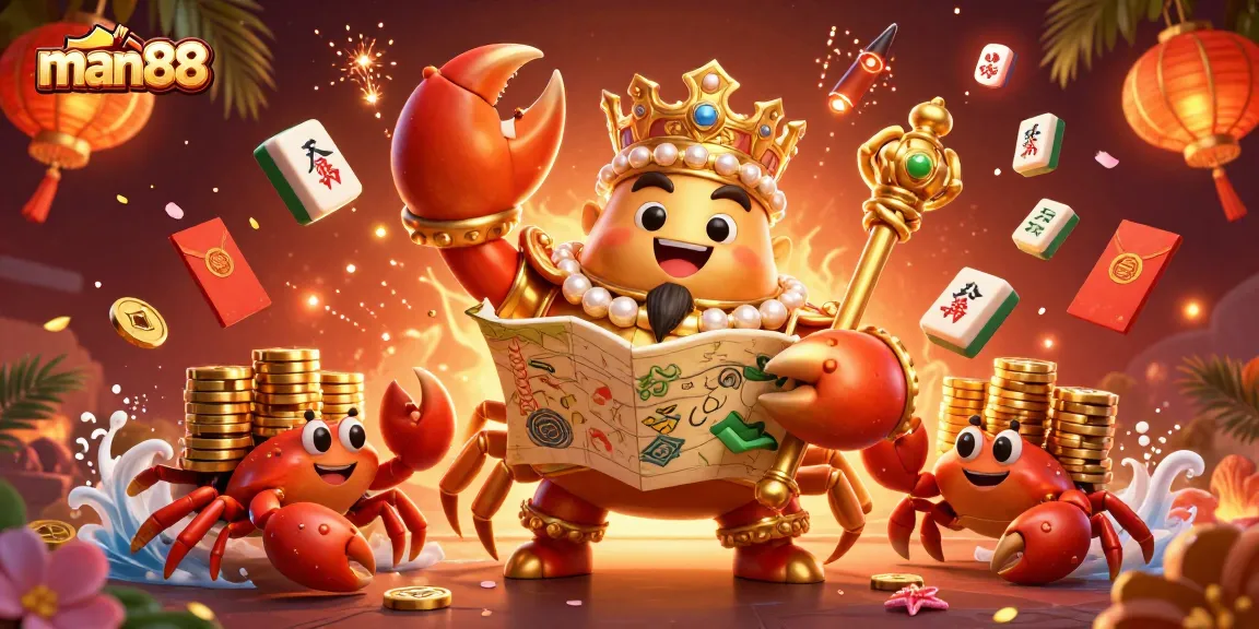 Experience thrilling bets with man88 in this vibrant casino-themed digital illustration featuring a golden crab emperor.