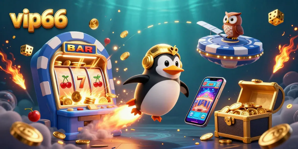 Engage with thrilling casino excitement in a vibrant vip66 illustration featuring a golden penguin and captivating slot machines.