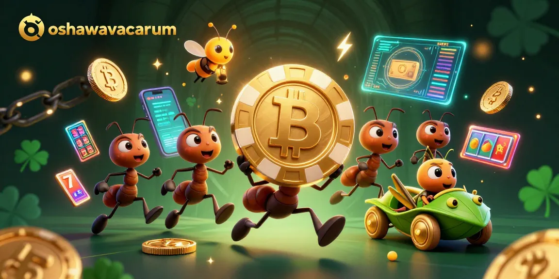 Cartoon ants navigate a heist with a golden poker chip, showcasing the excitement of gambling at oshawavacuum.