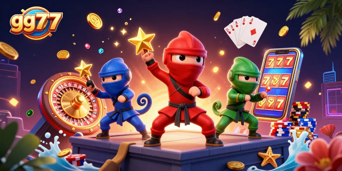 gg777 showcases a vibrant 3D illustration of chameleons in casino action, featuring dynamic gaming elements
