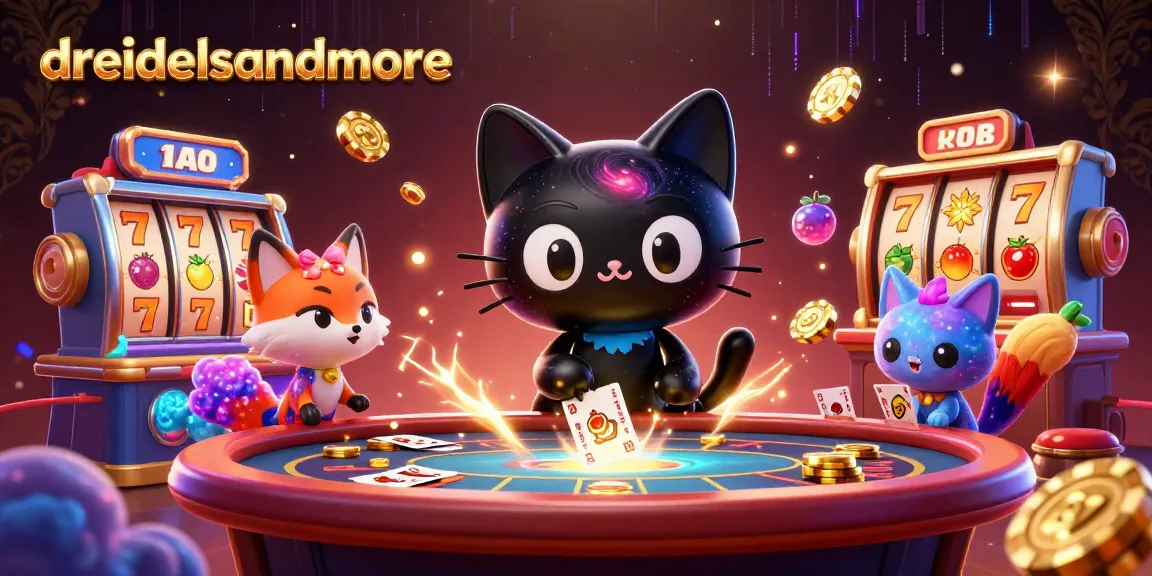 Spin and win with dreidelsandmore in this vibrant cosmic casino scene featuring colorful slot machines and energetic characters.