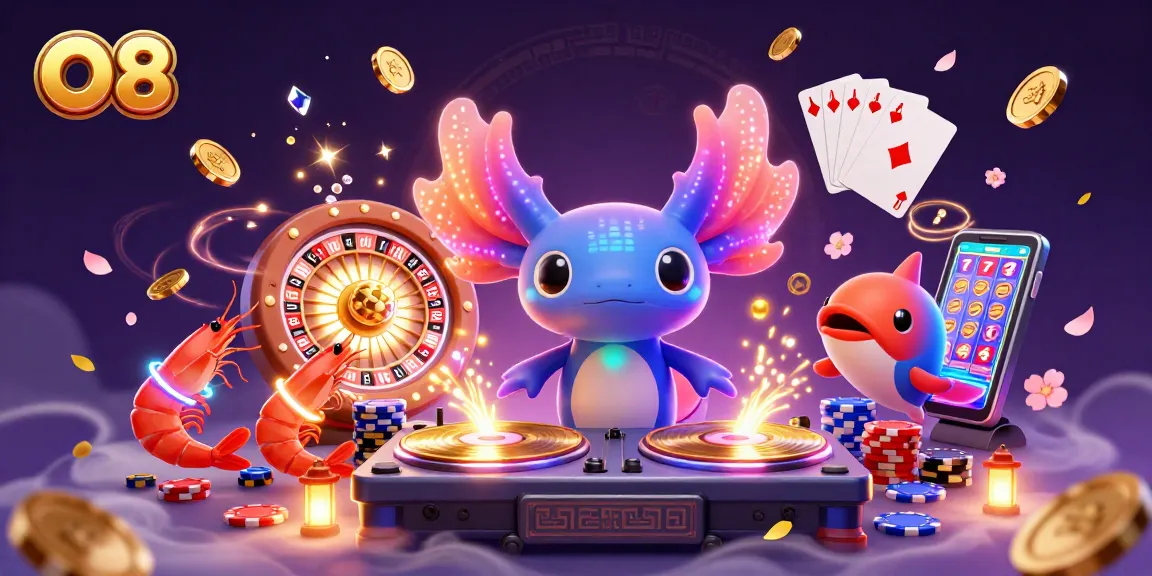 Experience online gaming excitement at O8 with a vibrant casino scene featuring animated characters and action-rich visuals.