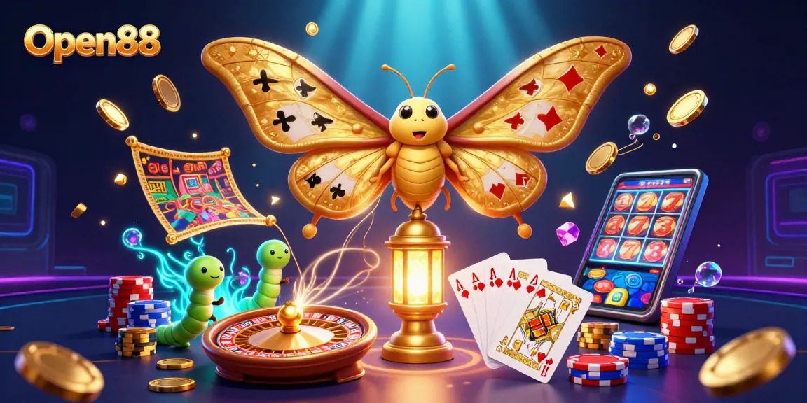 Engage in thrilling gaming at Open88, with a vibrant scene featuring a majestic moth and casino elements.