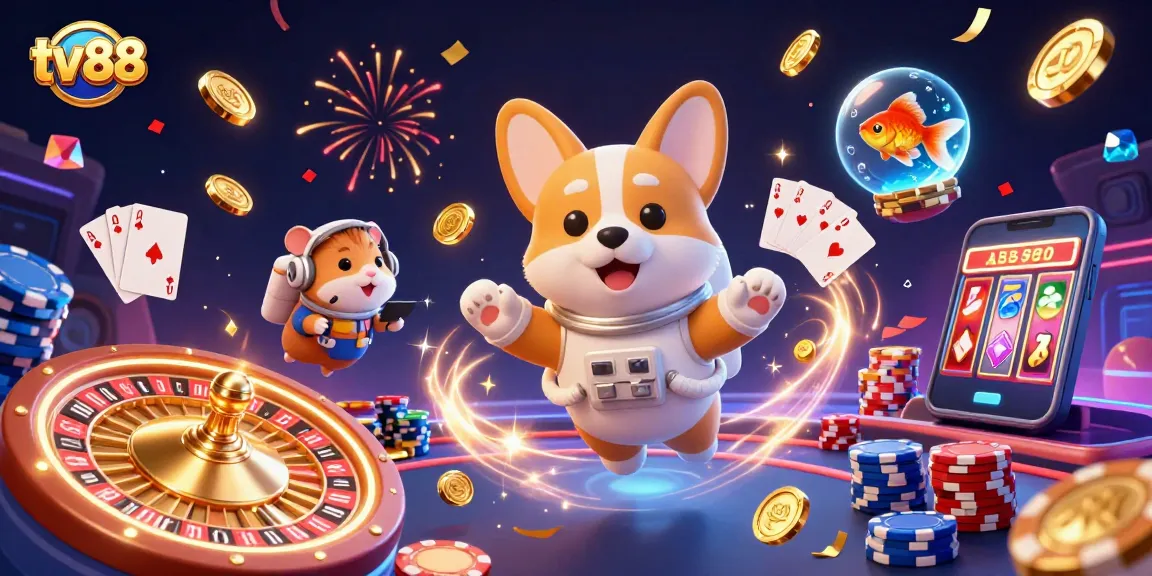Engaging scene of casino excitement with tv88, featuring a 3D floating corgi and gambling elements.