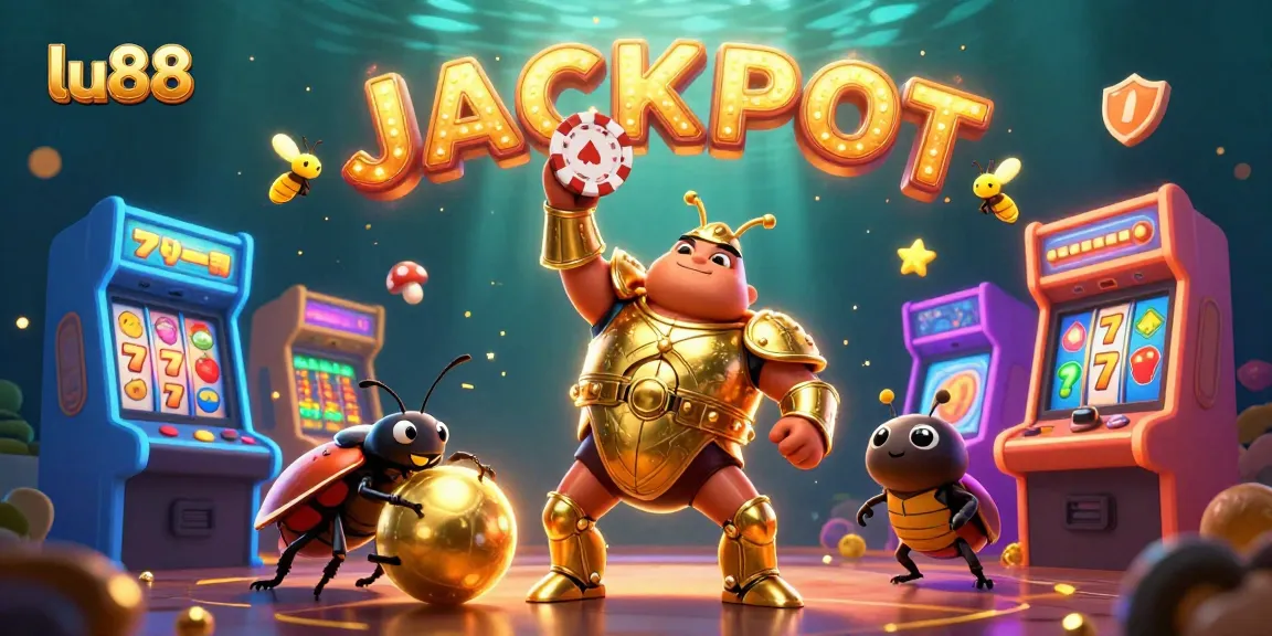 Join the fun at lu88 with a cartoon victory beetle celebrating casino jackpots!